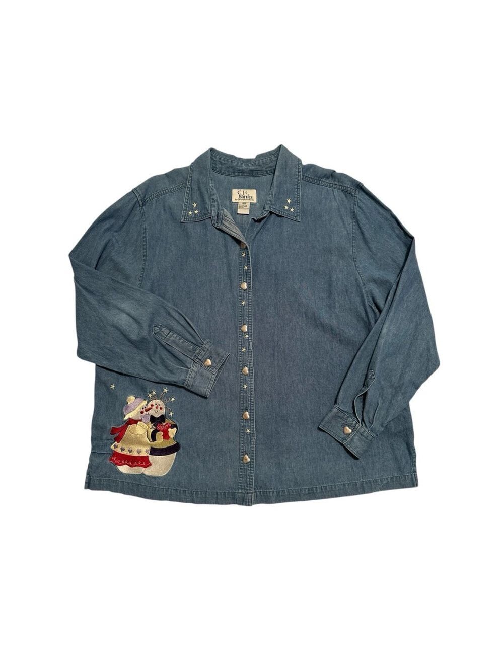 VTG CJ Banks Denim Holiday Shirt Button-Up 18 Embroidered Snow Women Sisters